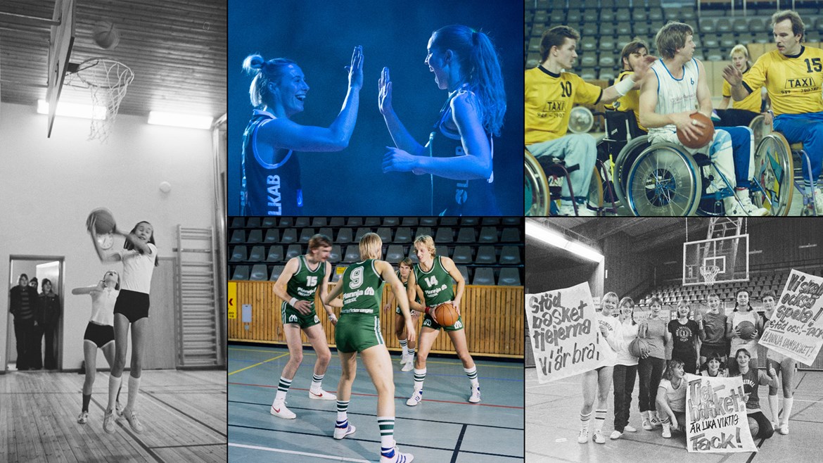 Collage av basketbilder från förr och nu